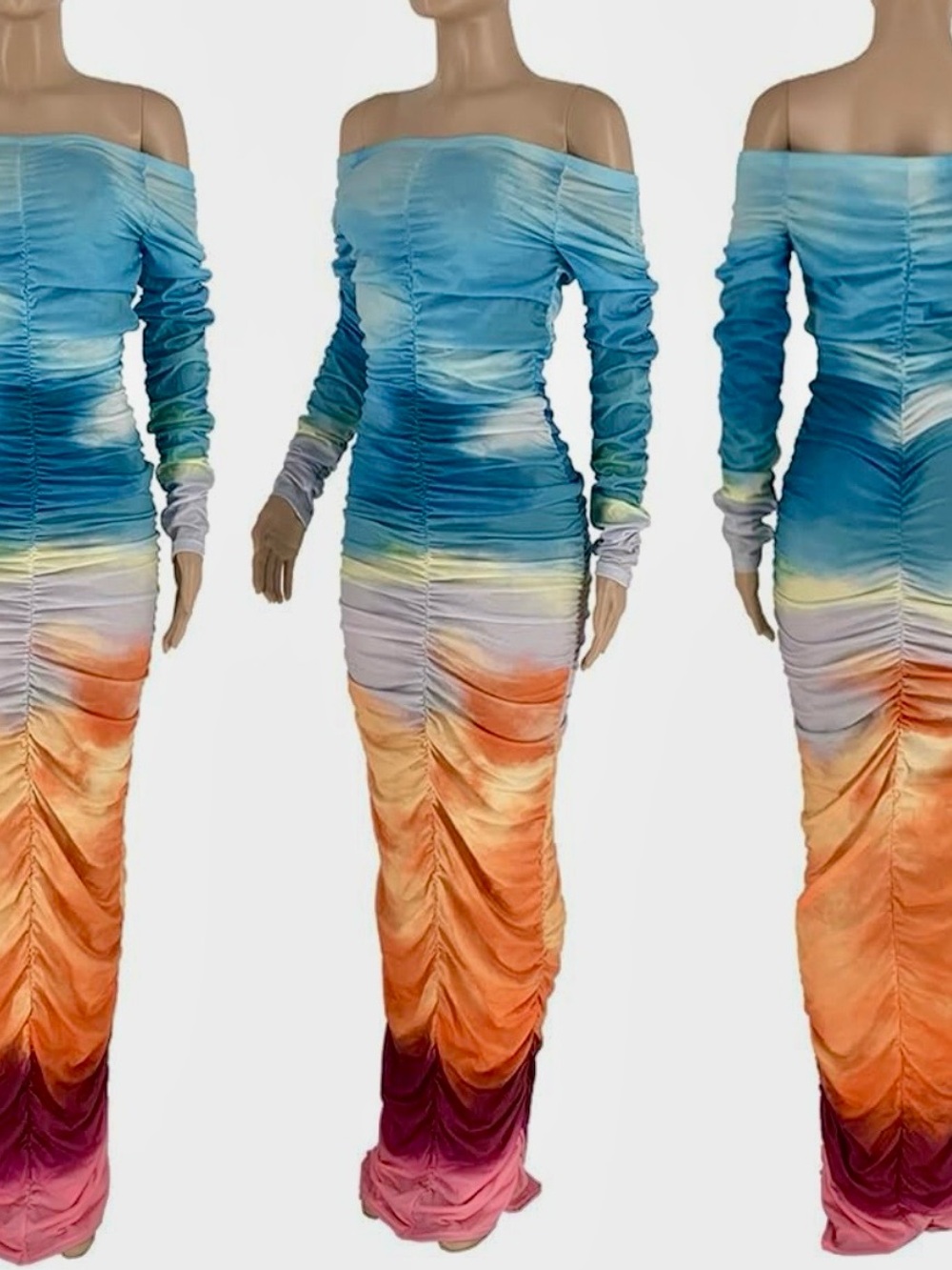 Off-Shoulder Ombre Ruched Maxi Dress - Blue to Orange